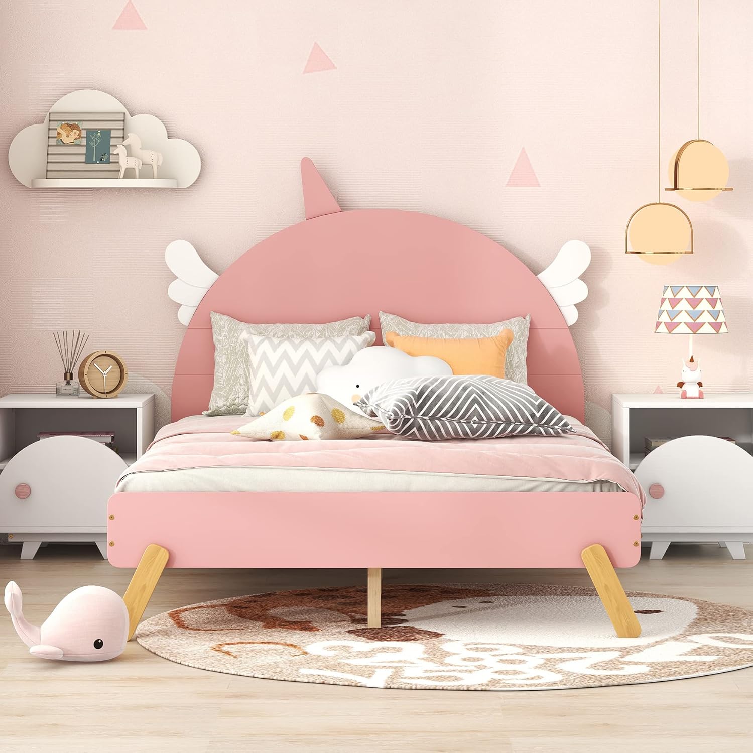 Cama de plataforma de tamaño matrimonial con cabecera en forma de unicornio, marco de cama de madera con soportes de listones, cama de tamaño