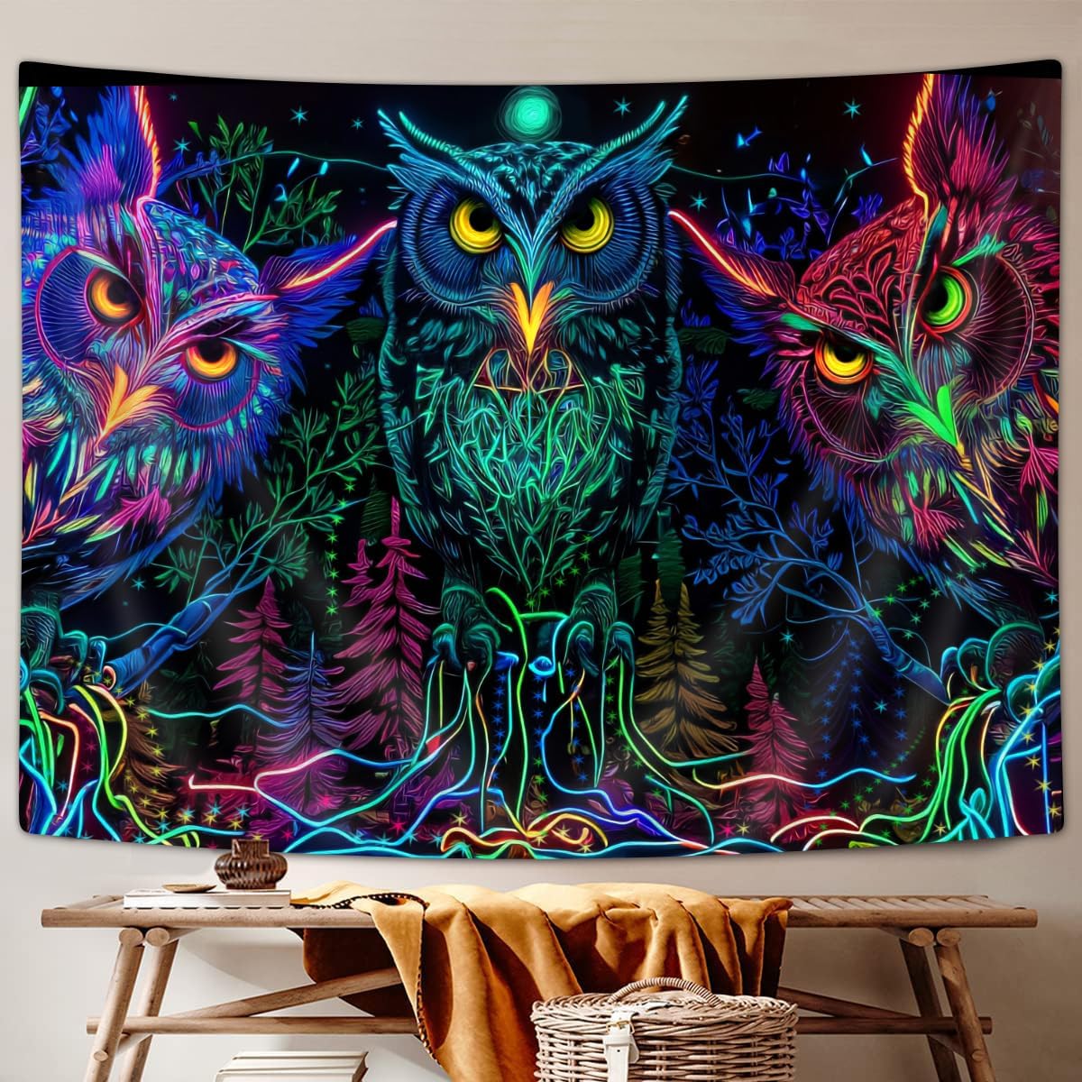 JAWO Tapiz psicodélico de búho, diseño de línea de bosque trippy, tapiz para colgar en la pared para dormitorio, luna, animal, pájaro, luz negra,