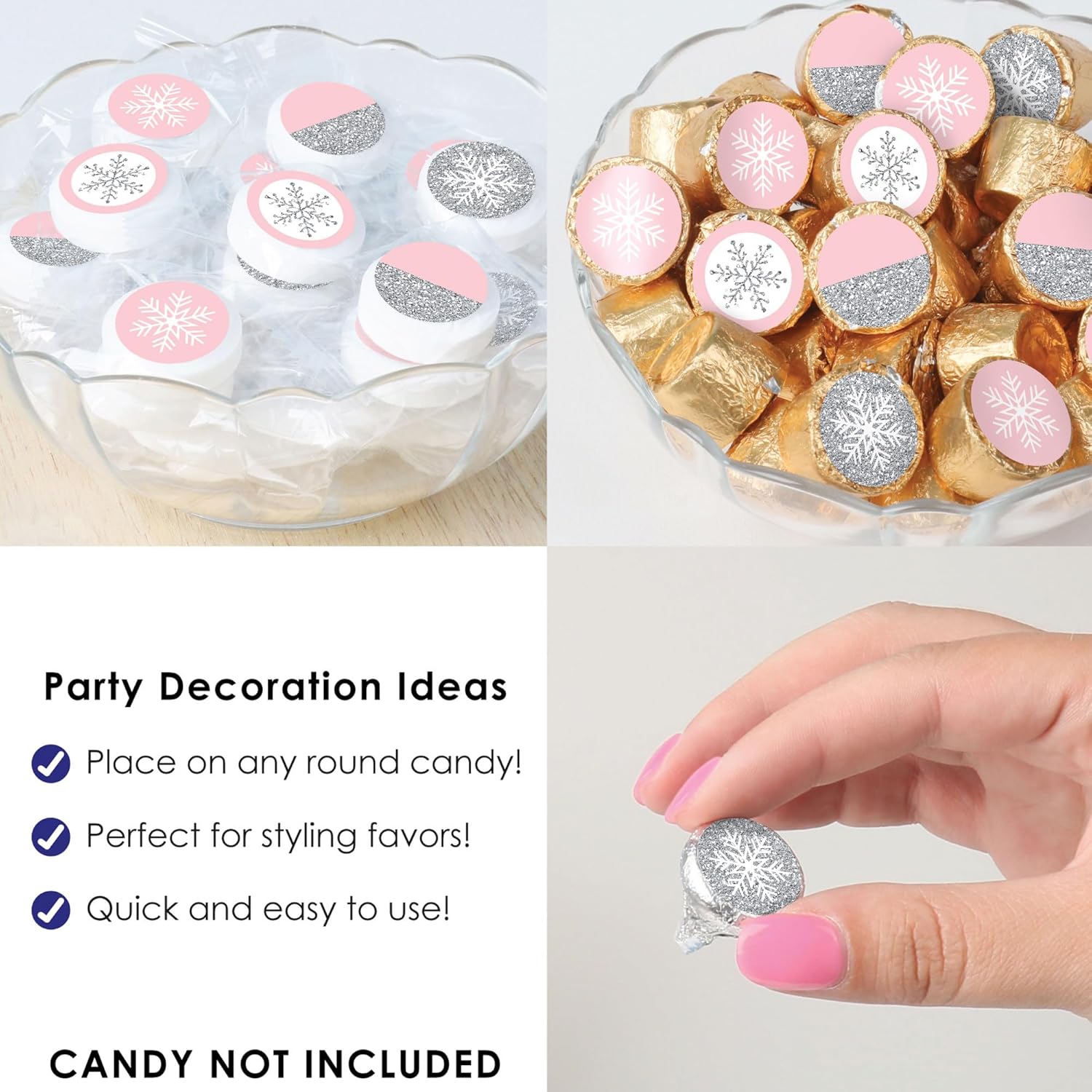 Big Dot of Happiness Pink Winter Wonderland – Calcomanías redondas pequeñas de caramelo para fiesta de cumpleaños y baby shower, 324 unidades