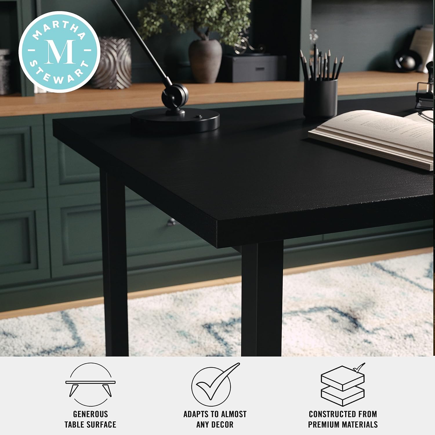 Martha Stewart Beckett – Escritorio de caballete moderno con estantes laterales abiertos en acabado de grano de madera negra