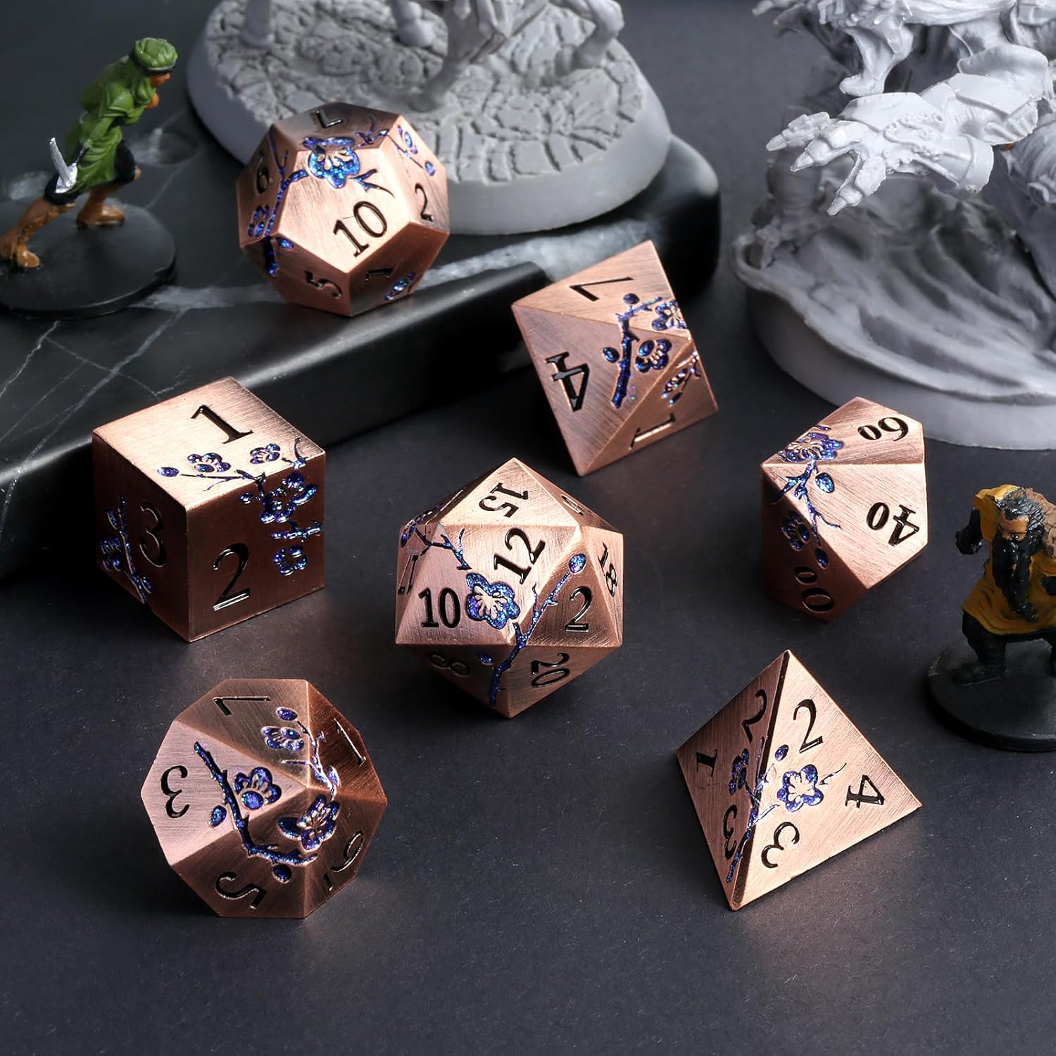 DNDND Dados de metal, 7 piezas de dados DND de flores metálicas sólidas pesadas con estuche de regalo maravilloso para juego de mesa D&D Dungeons