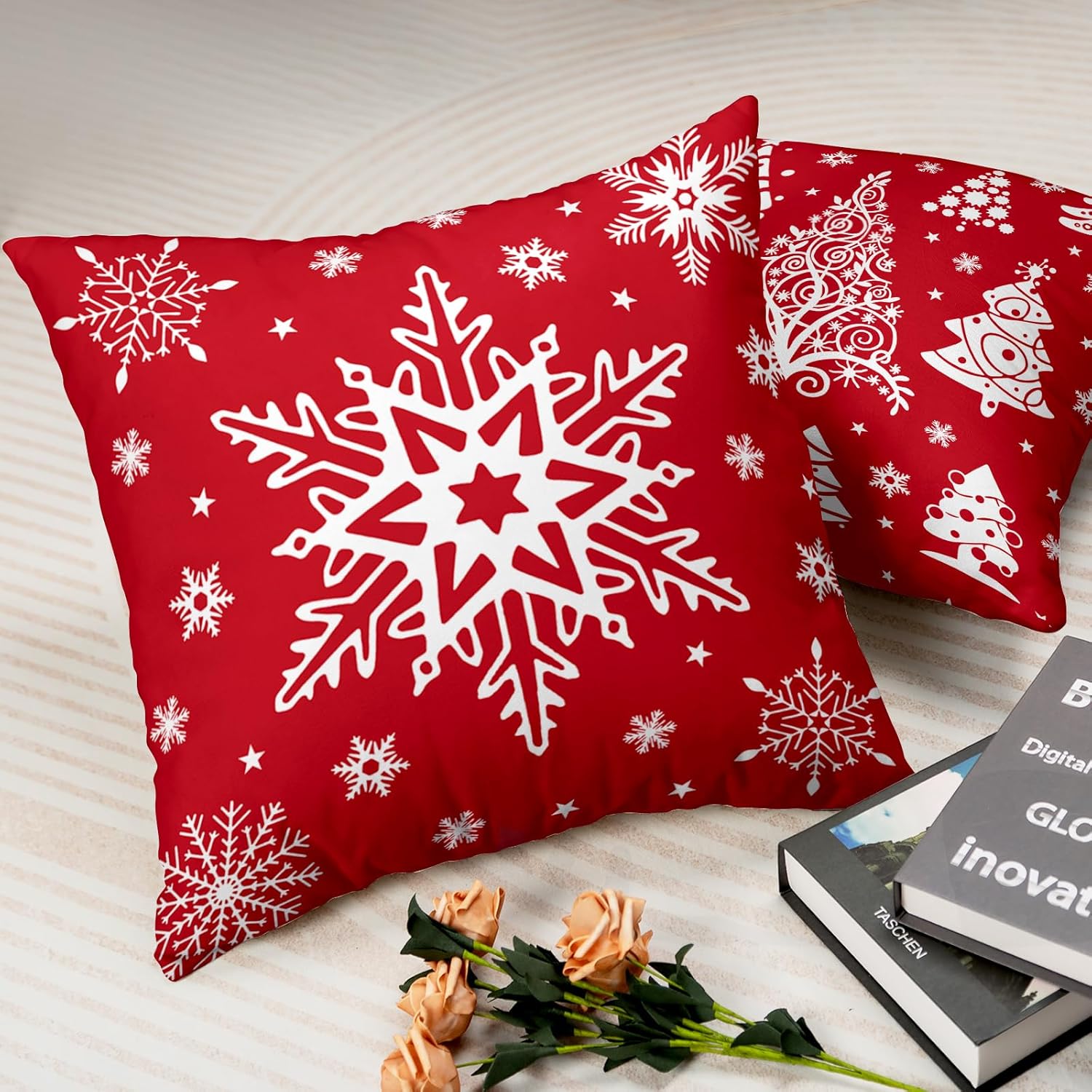 Kwlegh Juego de 2 fundas de almohada rojas de invierno de 18 x 18 pulgadas, juego de 2 almohadas de copos de nieve, fundas de almohada decorativas