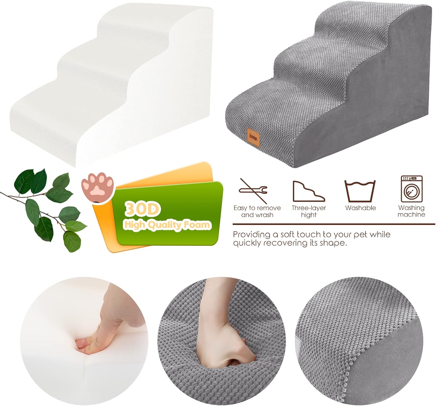 Lesnox Escalerasescalones de espuma para perros, rampa para mascotas de 3 niveles con funda impermeable para cama, sofá, antideslizante, escalera de