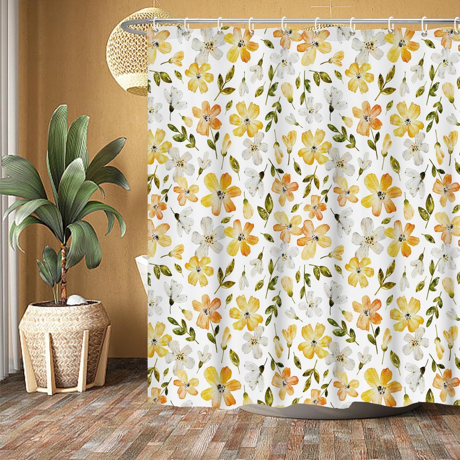 Cortina de ducha con flores amarillas, juego de cortina de ducha floral amarilla para baño, cortina de baño de tela de jardín bohemio con ganchos,