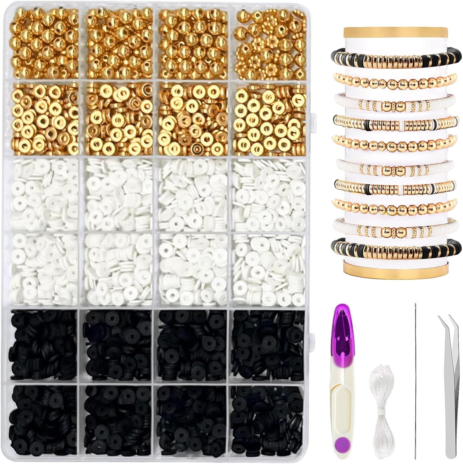 WEUOPG Kit de fabricación de pulseras para niñas, cuentas de arcilla para hacer pulseras, kit de cuentas de arcilla blanca y negra, cuentas doradas