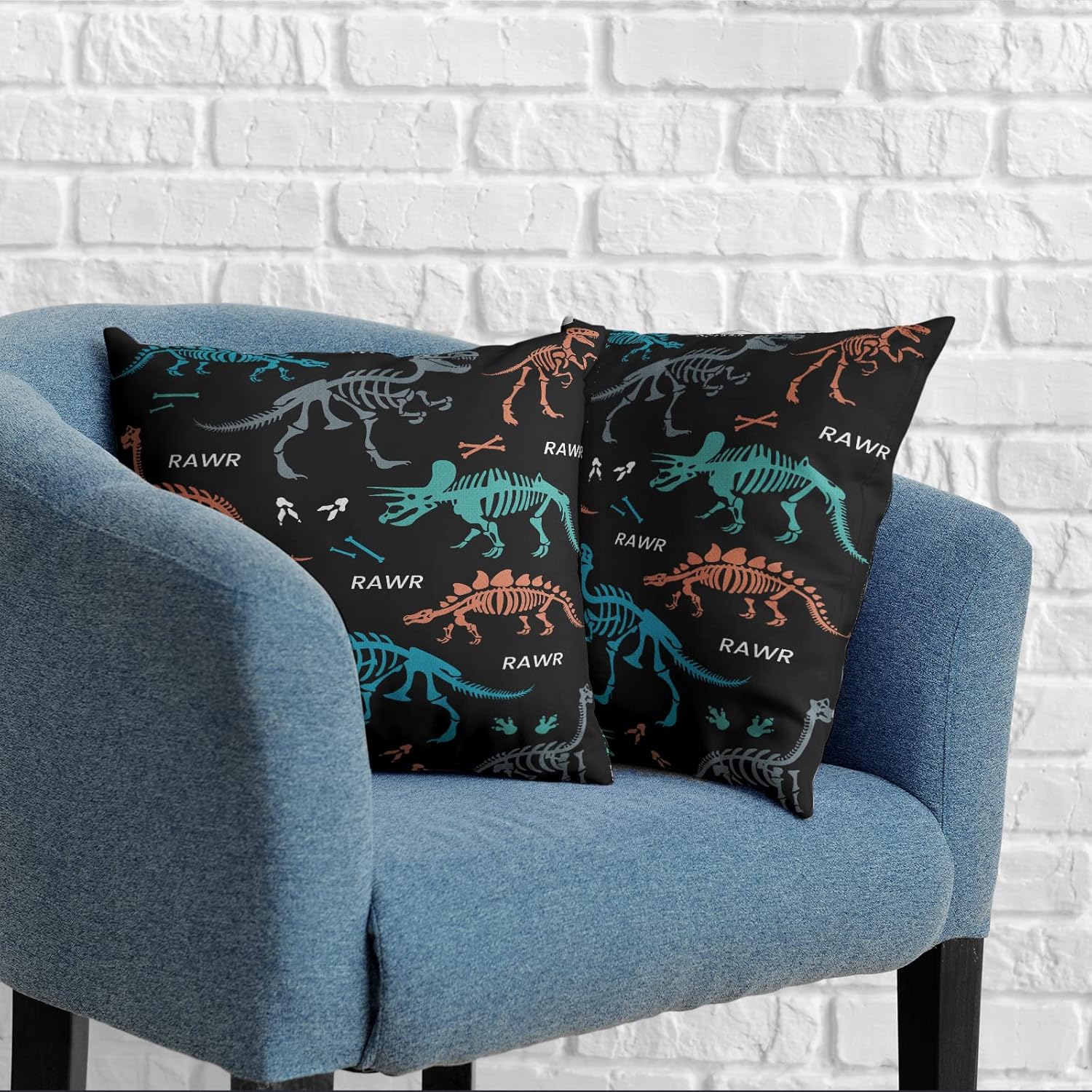 Juego de 2 fundas de almohada de calavera de dinosaurio azul de 16 x 16 pulgadas, fundas de almohada cuadradas de lino abstracto con huesos de