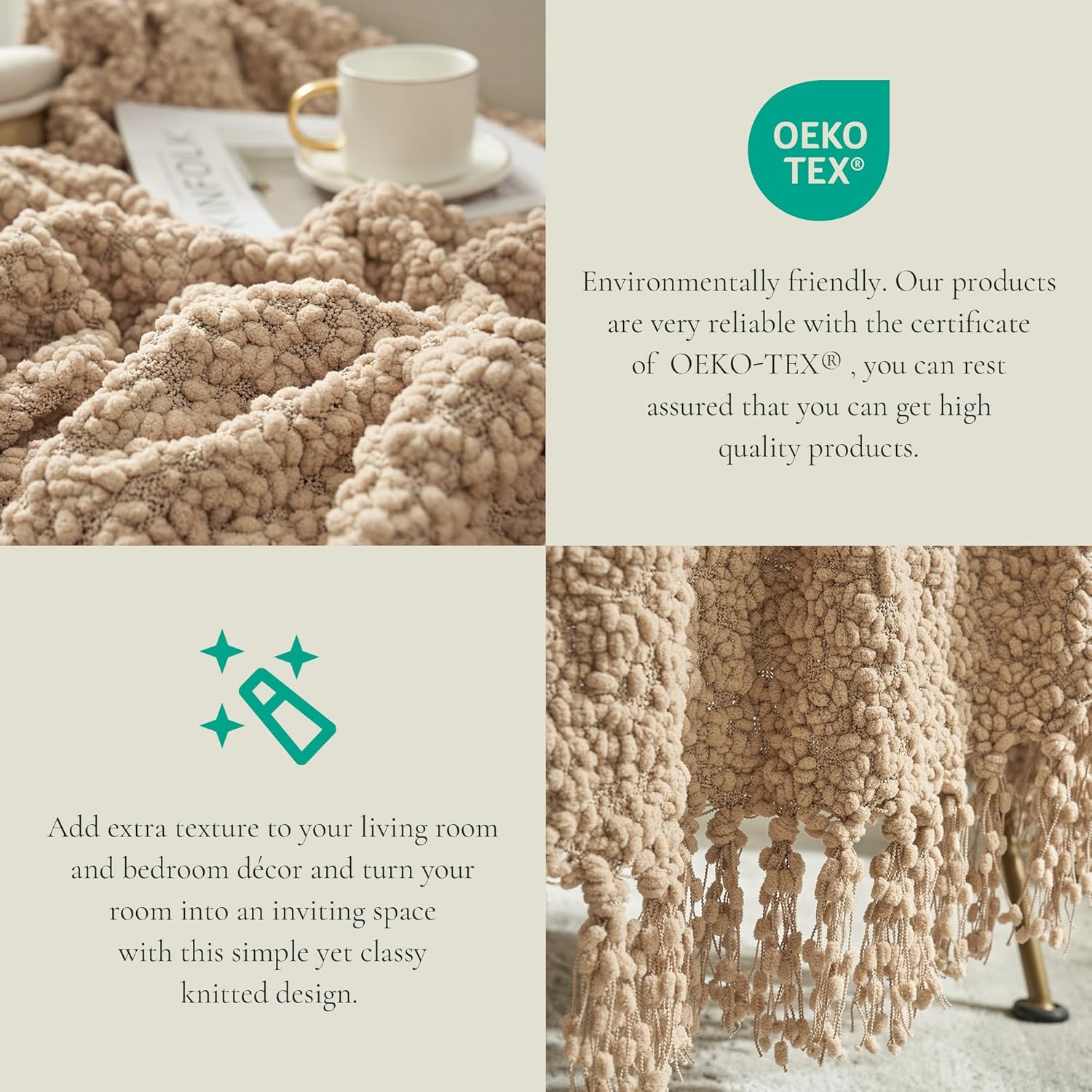 Amélie Home Manta texturizada de morera, hecha a mano con borlas, gruesa, suave y esponjosa, tejida de lujo para sillón, sofá o cama (beige, 50 x 60