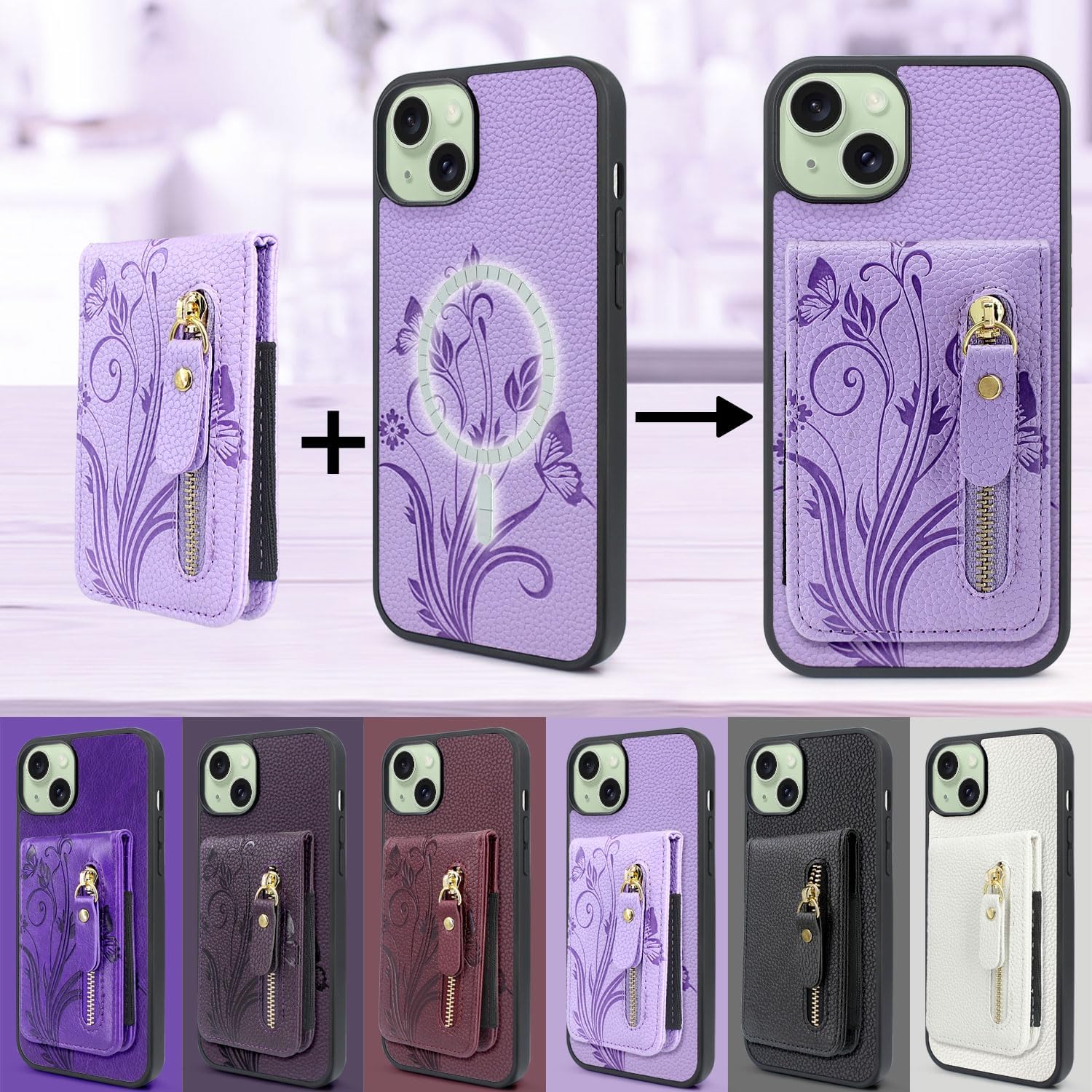 Lacass Funda compatible con MagSafe para iPhone 15 PlusiPhone 14 Plus de 6.7 pulgadas, tarjetero magnético desmontable con cremallera (morado claro
