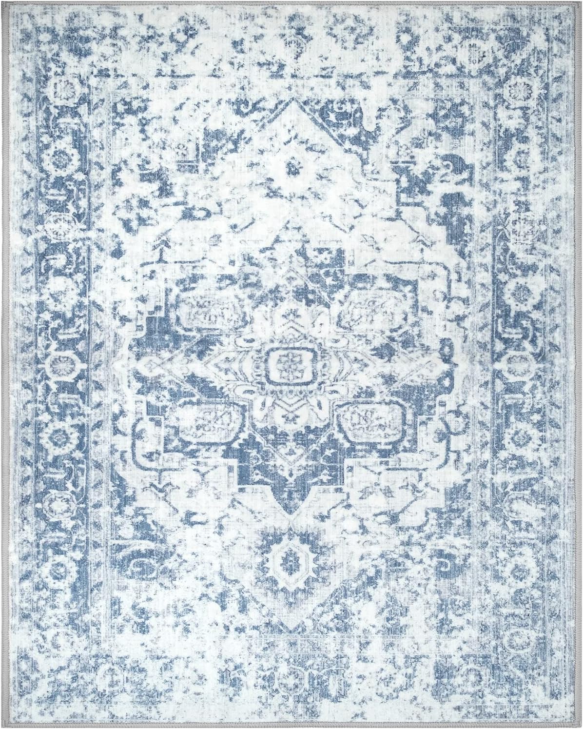 Alfombra de área de 8 x 10 pies, medallón oriental, envejecida, lavable, antideslizante, grande, para dormitorio, sala de estar, color cremaazul