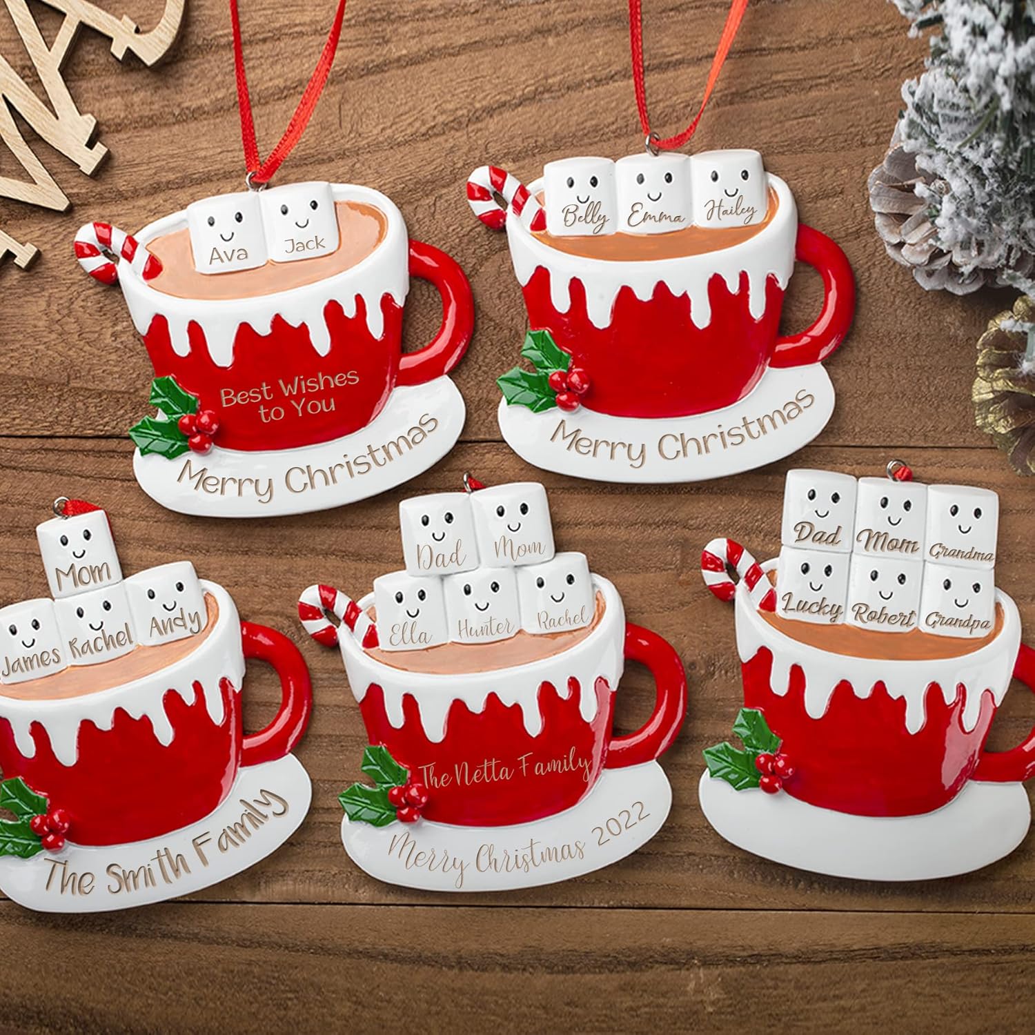 Adornos de Navidad personalizados para la familia 2023 con nombre grabado, taza de resina, decoración de árbol de Navidad, regalos para niños,