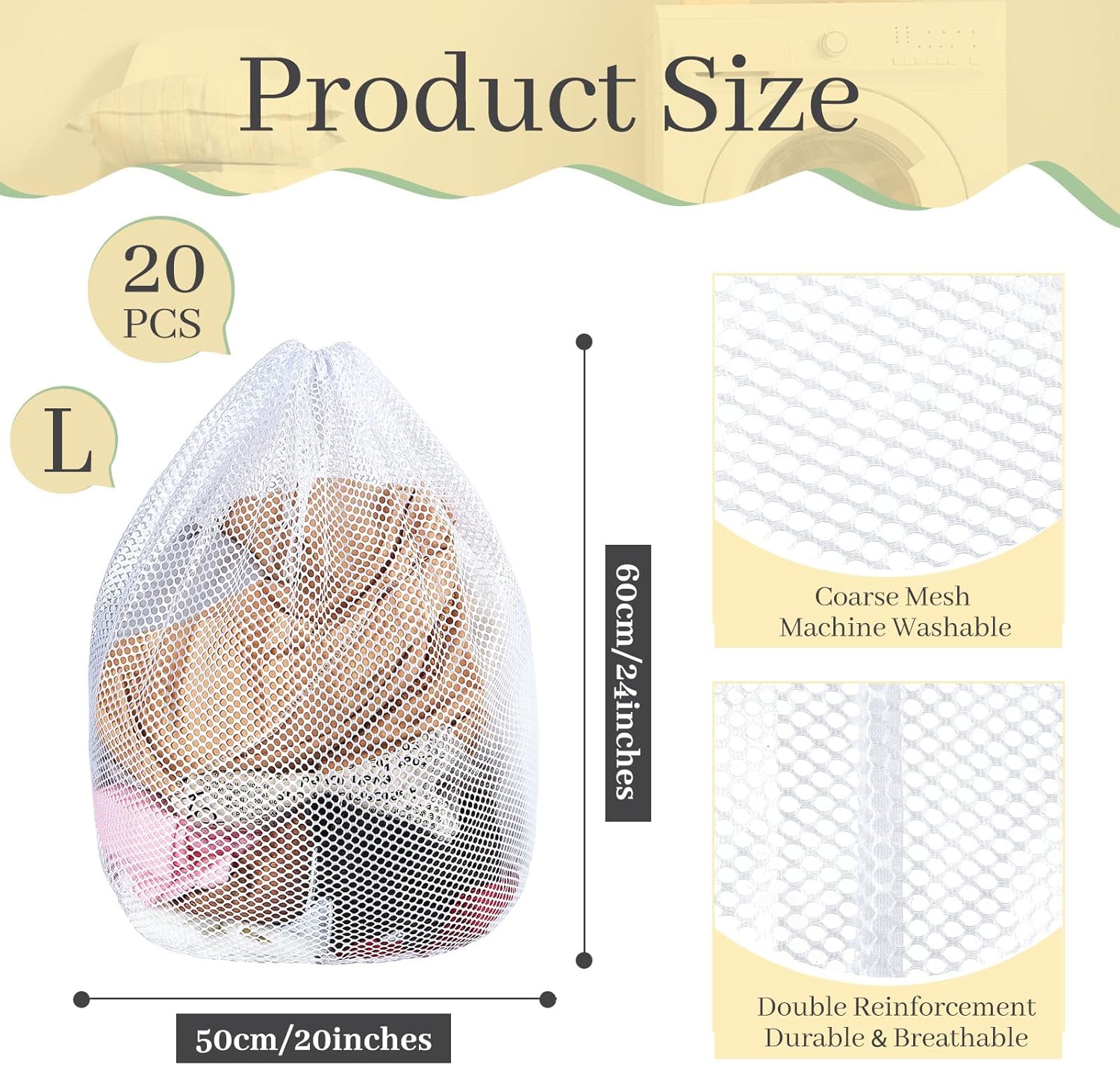 20 bolsas de malla para lavandería a granel con cordón de 20 x 24 pulgadas, bolsa de malla blanca resistente lavable a máquina, resistente bolsa de