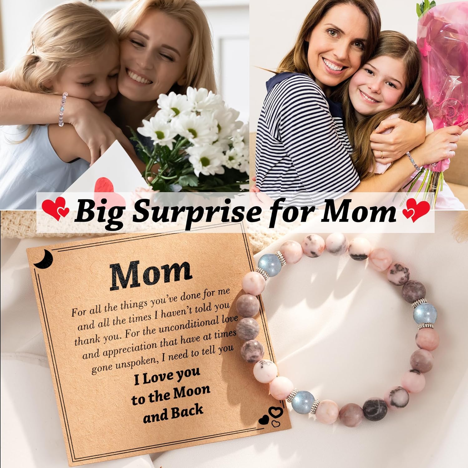 Tarsus Natural Stone Bracelet for MomGrandmaSisterAuntBonus Mom, Moonstone Beads Handmade Bracelet Christmas Birthday Gifts for Women