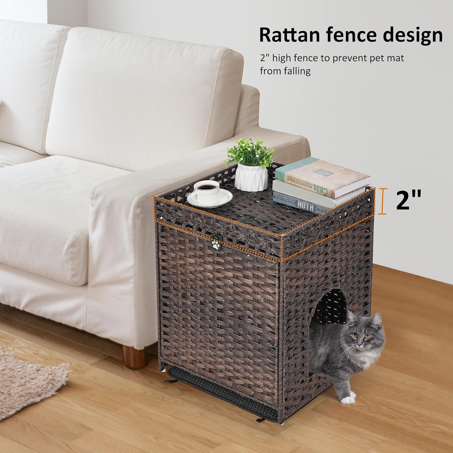 Caja de arena para gatos con alfombrilla de arena suave muebles ocultos de baño para gatos con puerta casa de gato de ratán tejida a mano jaula para