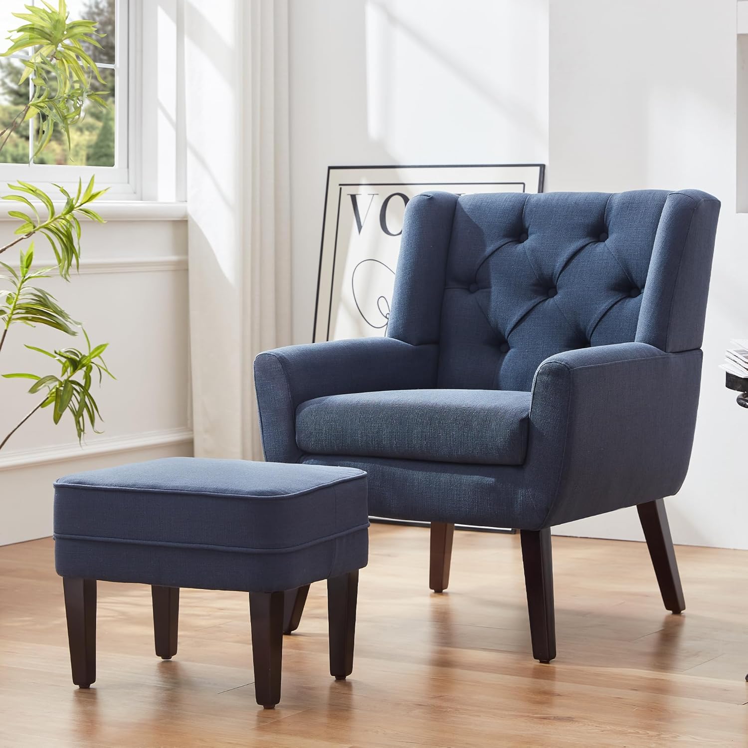 HUIMO Silla decorativa con otomana, sillón tapizado con botones, sofá de tela de lino, silla de lectura para sala de estar, silla para dormitorio,
