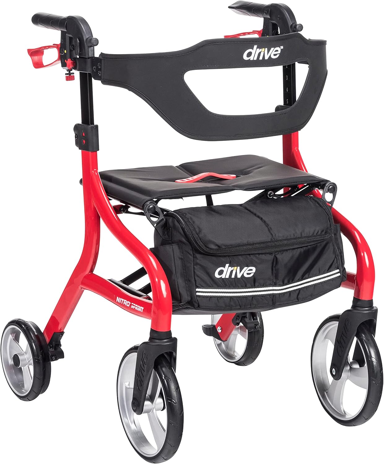 Drive Medical Nitro Sprint – Andador plegable con asiento, ligero, para estatura estándar, con ruedas grandes, plegable, color rojo