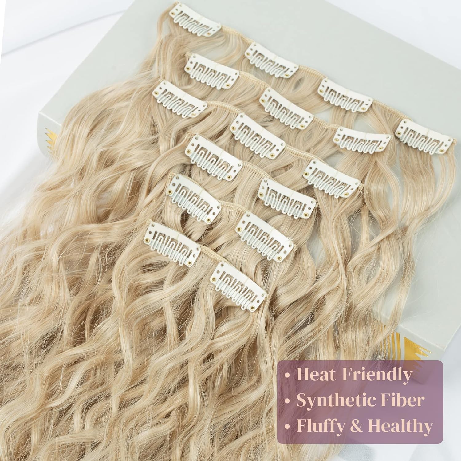 LONAI Extensiones de cabello con clip, 6 unidades, rizado de 24 pulgadas de largo, sintético, postizo para mujer, rubio ceniza natural