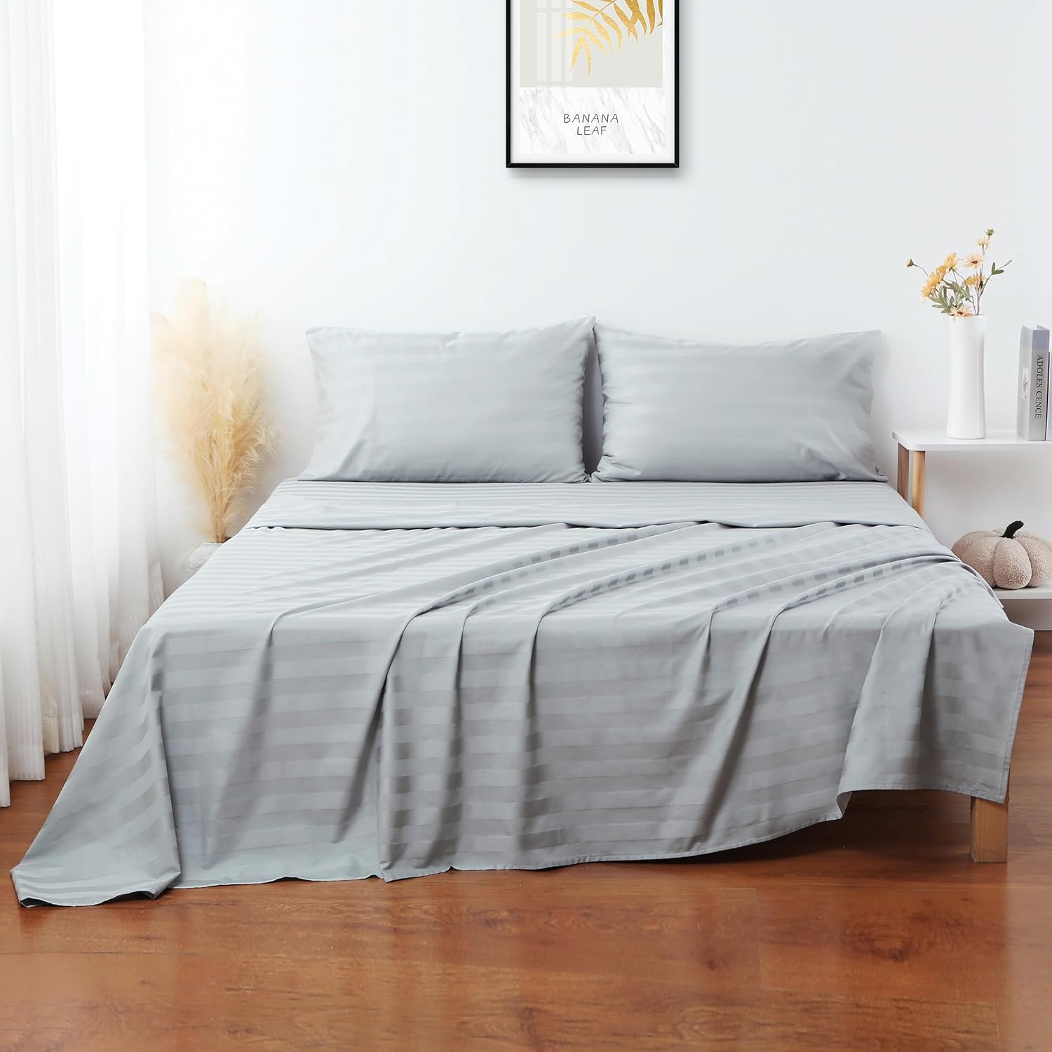 Sábana encimera de tamaño matrimonial, 400 hilos, 100% algodón egipcio, sábana encimera de algodón blanco satinado a rayas, resistente a las