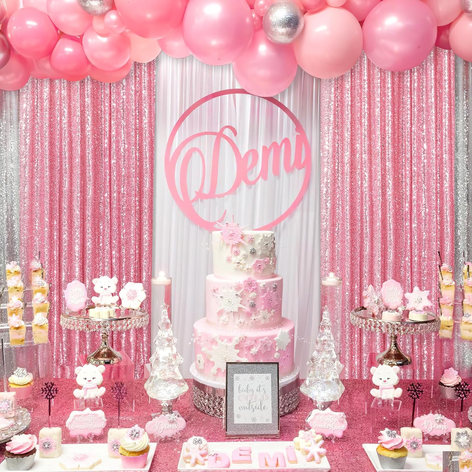 Telón de fondo de lentejuelas rosa rubor, 2 paneles de 2 x 8 pies, cortina tipo telón de fondo con purpurina para decoración de baby shower, boda y