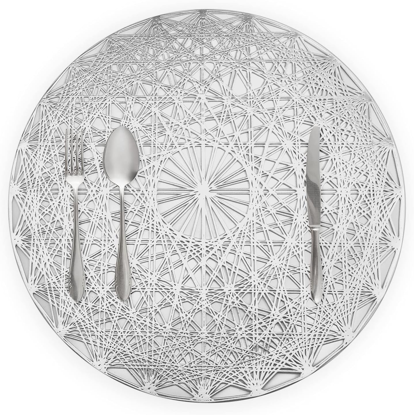 Juego de 4 manteles individuales redondos de plata para mesa de cena, de vinilo prensado, resistente al calor, decoración de mesa para mesa de boda,
