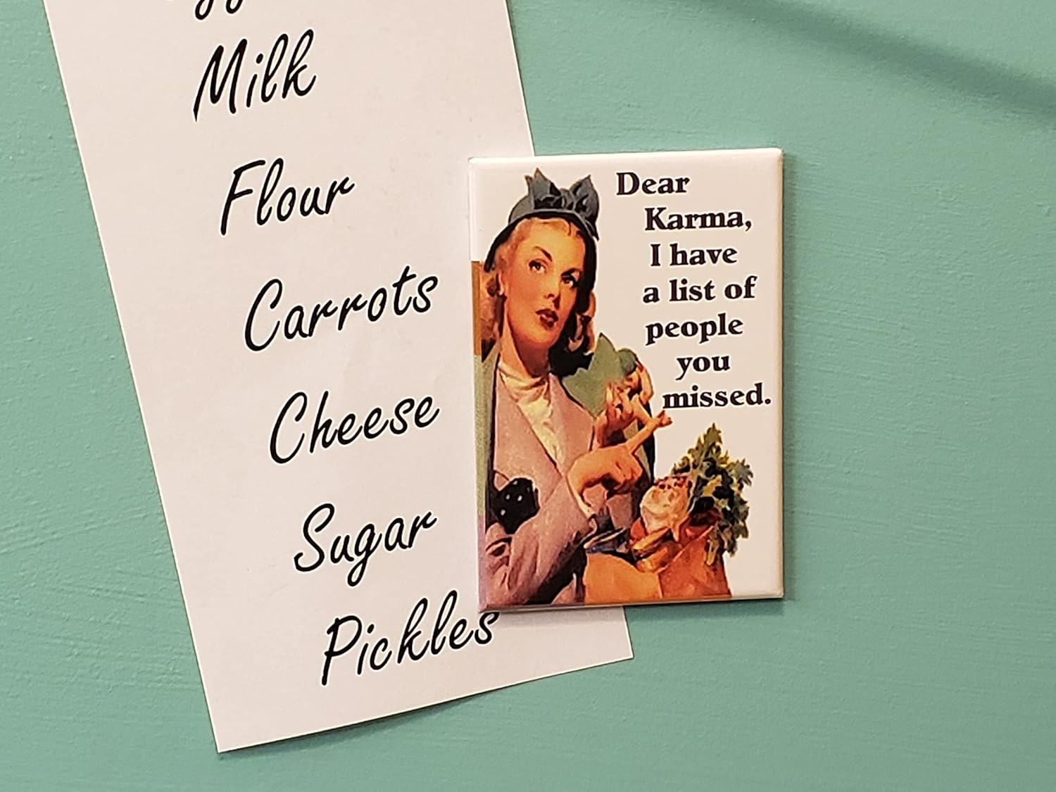 Dear Karma I Have a List of People You Missed – Imán de nevera de 2 x 3 pulgadas, regalo de imagen vintage, humor divertido retro