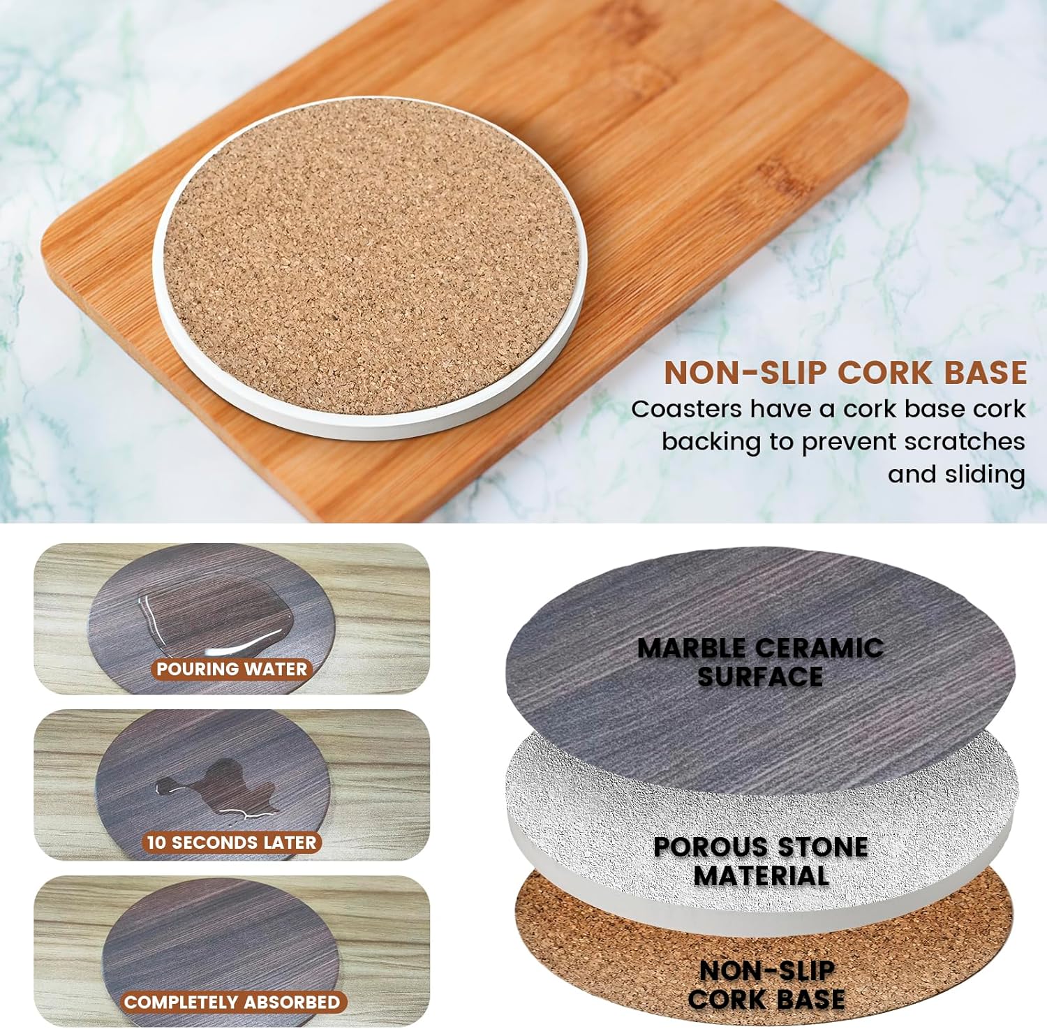 Posavasos para bebidas, juego de 6 posavasos absorbentes con soporte, posavasos para bebidas para protección de mesa, posavasos de cerámica para