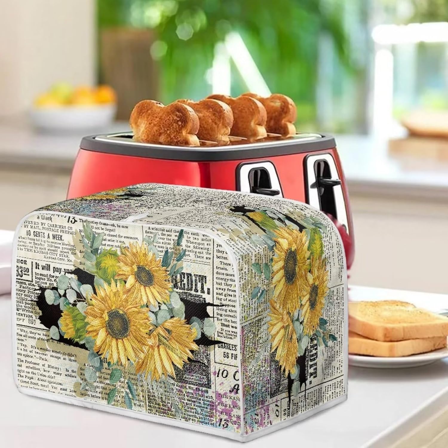 Cubiertas antipolvo retro para tostadora de periódicos con girasoles para electrodomésticos de cocina, cubierta de electrodomésticos de tostadora de