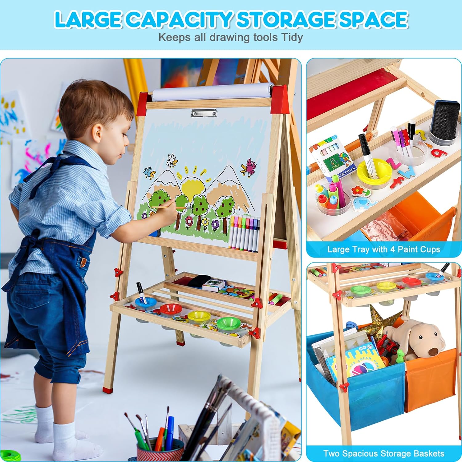 RenFox Caballete para niños, caballete de arte ajustable para niños, más de 140 accesorios, pizarra magnética de borrado en seco de doble cara y