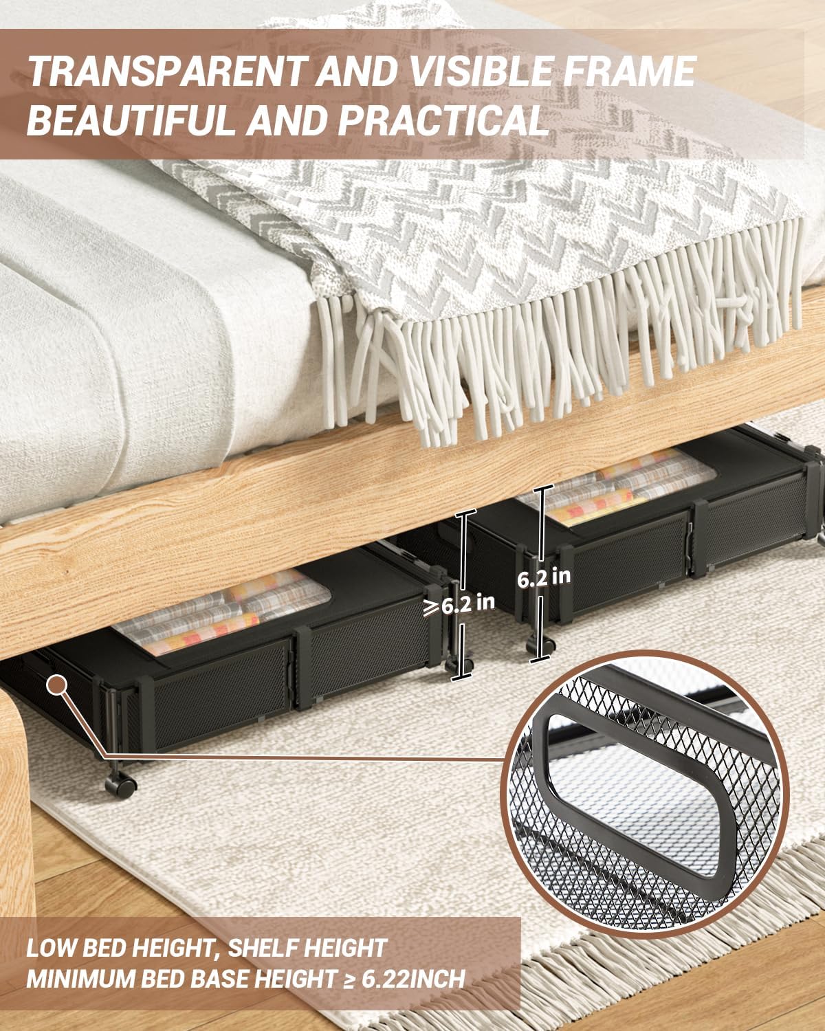 Almacenamiento debajo de la cama con ruedas, cajón de almacenamiento plegable debajo de la cama con tapa y cremallera, contenedor de metal rodante