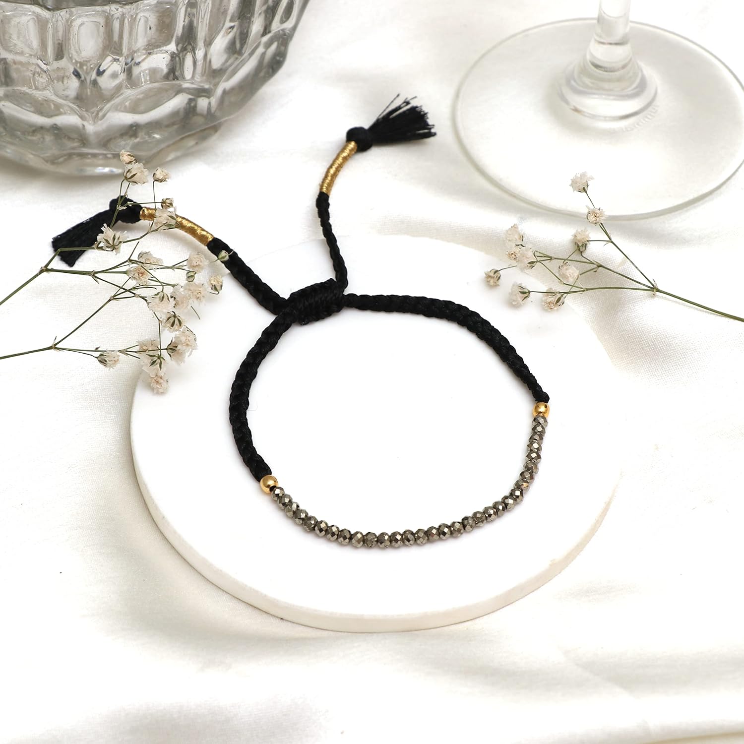 Gempires Natural Pyrite Beads Braided Bracelet Abundance Crystal Bracelet for Everyone (Pyrite)