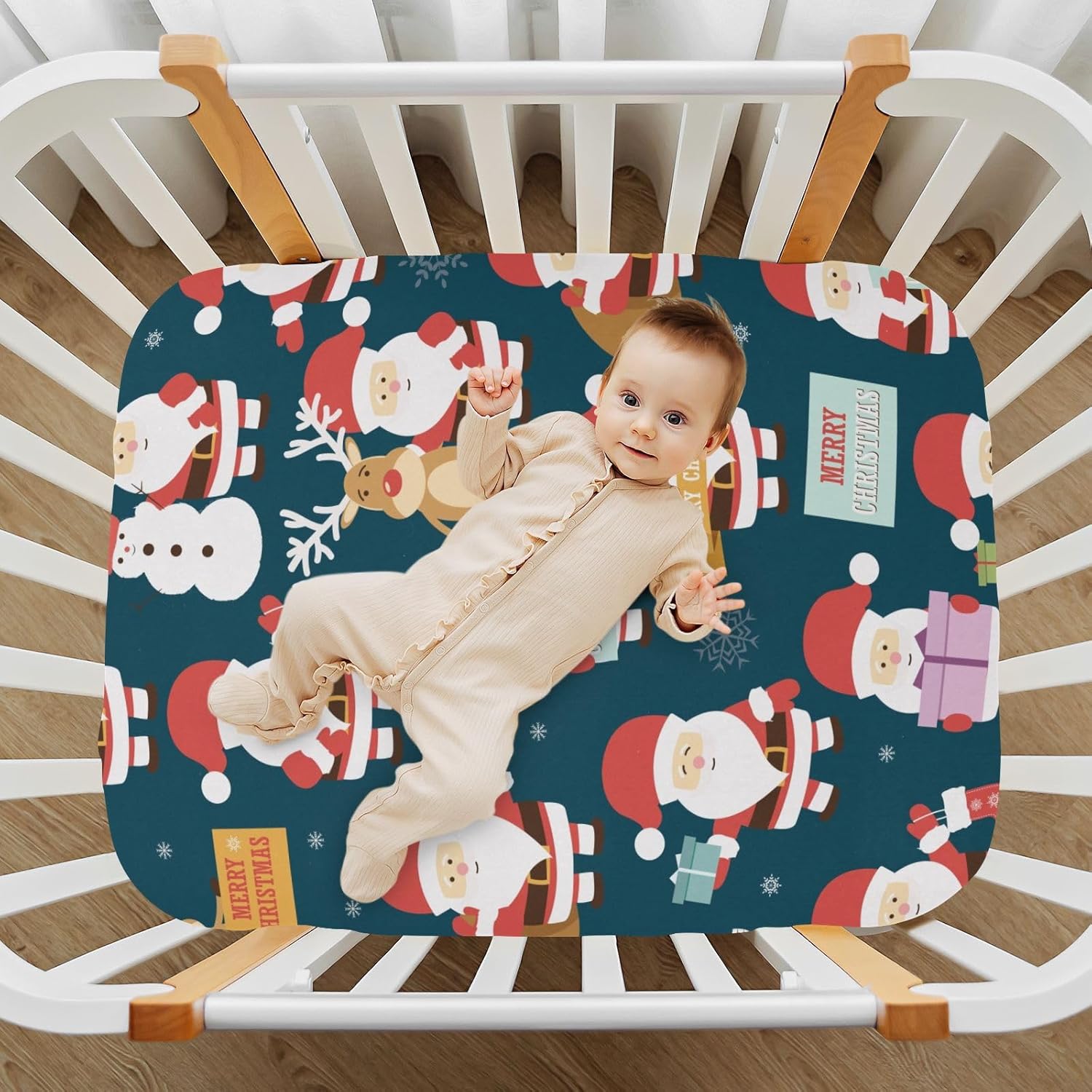 Sábanas de colchón para cuna, Papá Noel, Caribou, copos de nieve, patrón de Navidad, sábana bajera ajustable para niños y niñas, se adapta a la