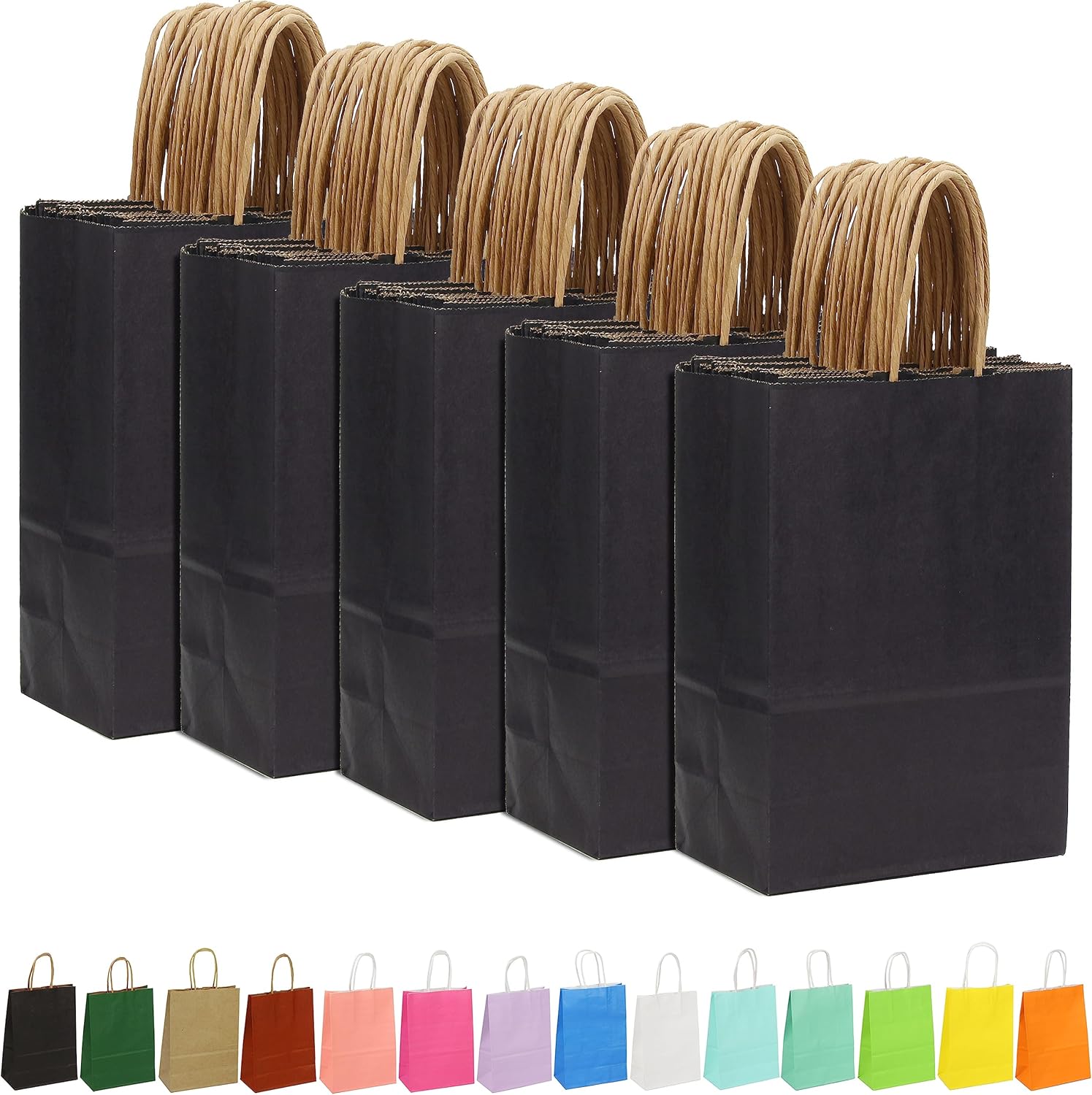 AMAZING TIME Paquete de 150 bolsas de papel de regalo con asas a granel, bolsas de papel kraft de 5.25 x 3.25 x 8.25 pulgadas, tamaño pequeño para