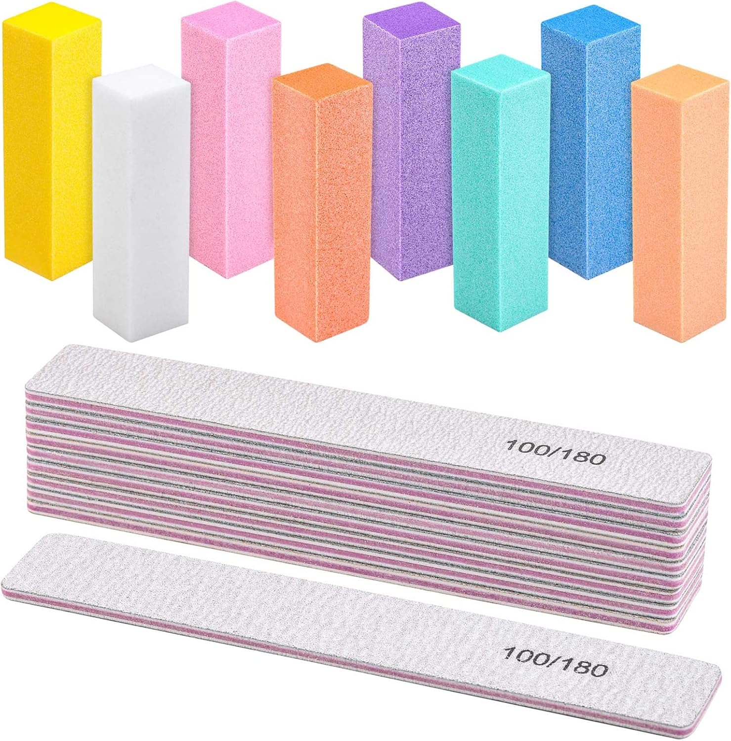 Juego de 18 limas de uñas de grano 100180 y pulidoras de doble cara, limas de uñas ásperas, bloque amortiguador más suave para uñas acrílicas