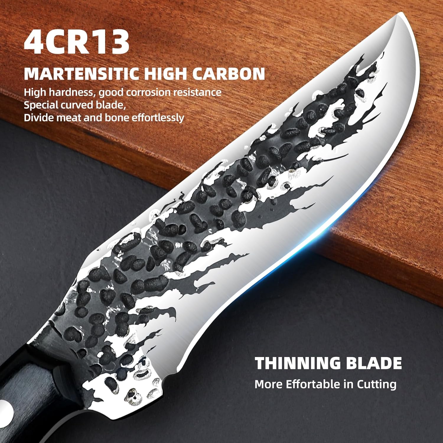 Cuchillo de hoja fija con funda, cuchillos de caza de hoja fija Forge, mango de madera antideslizante. Agujero para cordón, cuchillos para hombres,