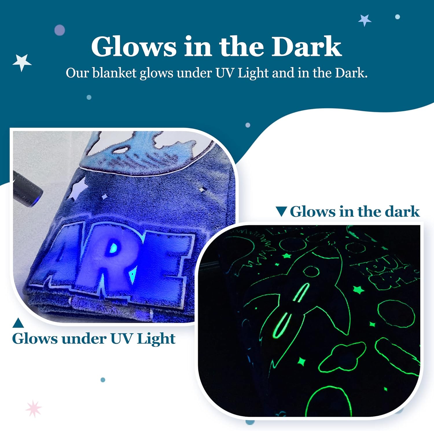 Manta que brilla en la oscuridad, manta de felpa espacial de 59 x 71 pulgadas para niños y adolescentes con mini linterna UV, mantas de poliéster