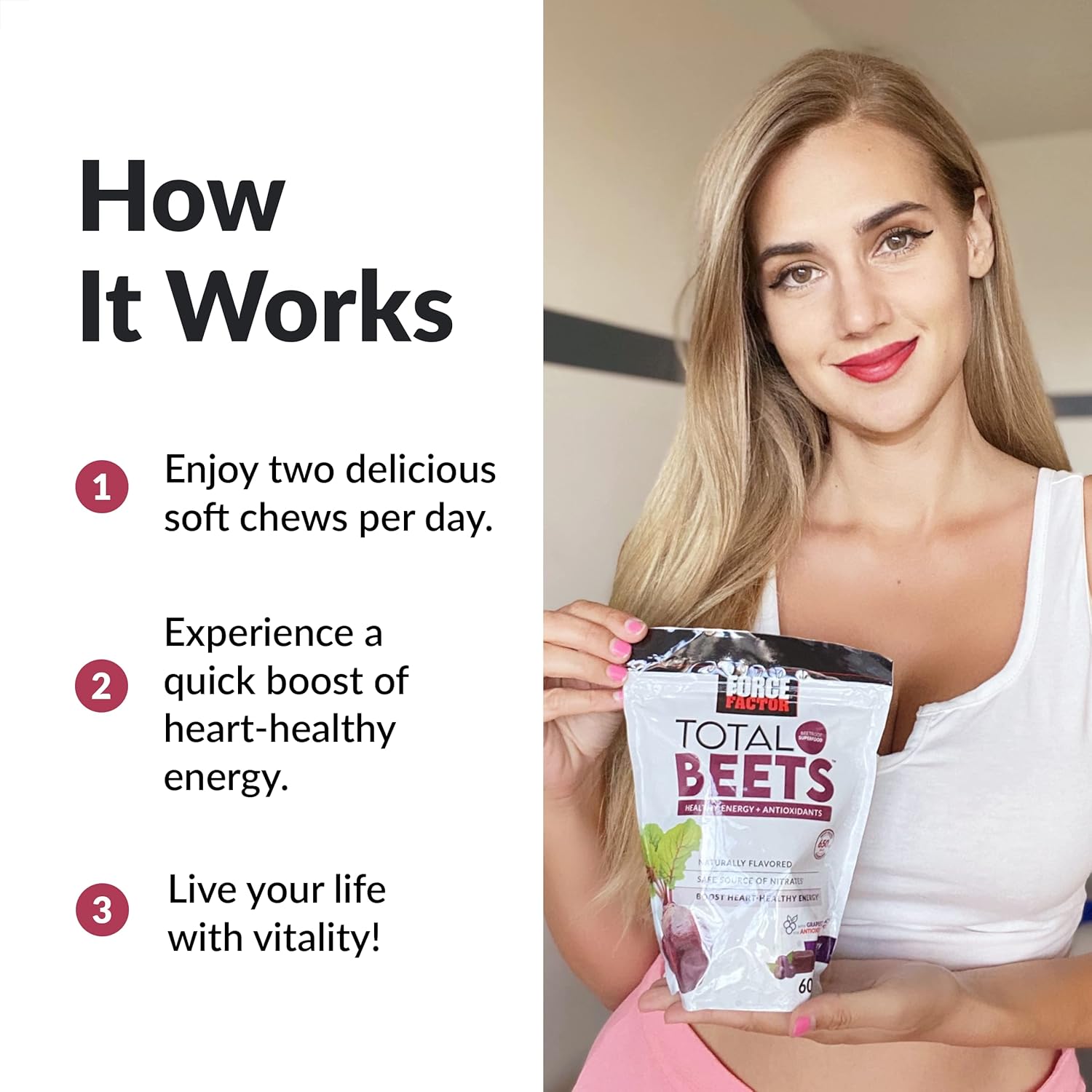 Force Factor Total Beets – Masticables suaves con remolacha, nitratos, L-citrulina, extracto de semilla de uva y antioxidantes, suplemento