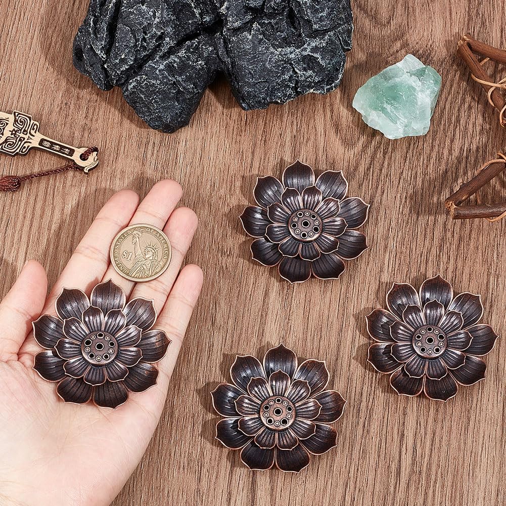 GORGECRAFT 4 unidades de loto de latón quemador de incienso de flores para palitos de yoga, hecho a mano, loto, cerámica, cenizas, bandeja para