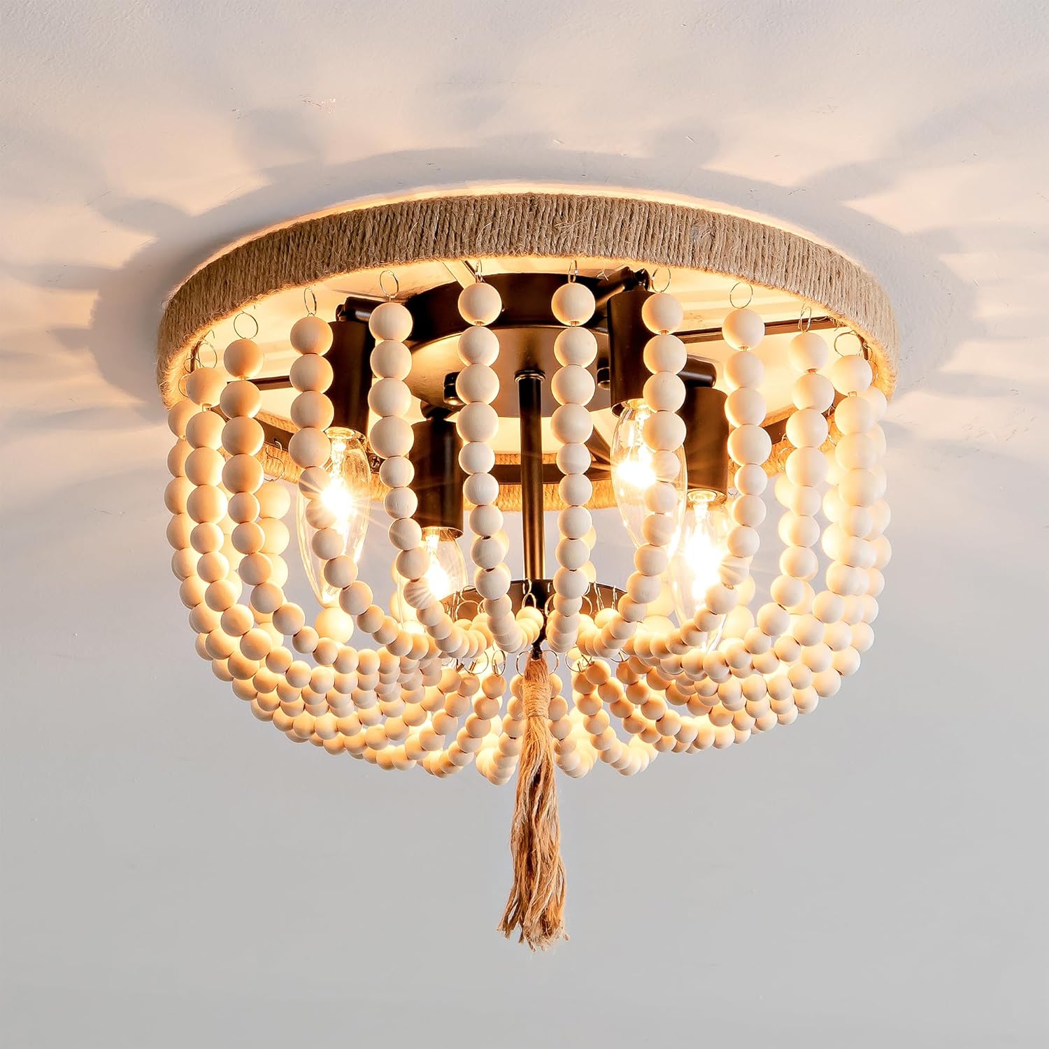 Lámpara de techo bohemia con cuentas de madera, 4 luces de roble blanco, estilo bohemio, para dormitorio, pasillo, entrada, cuarto de bebé, pasillo,