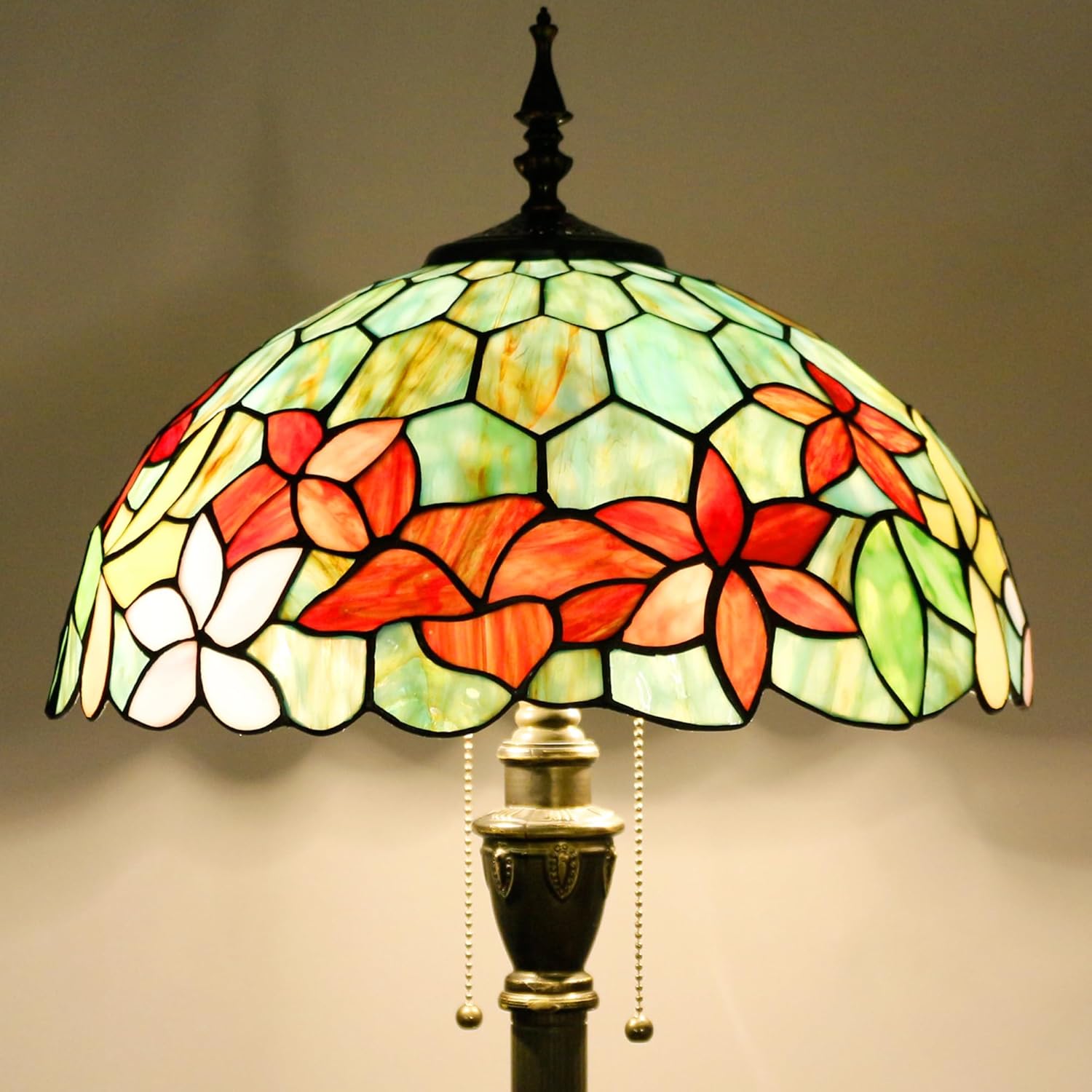 Tiffany – Lámpara de pie con vitrales, 16 x 16 x 70 pulgadas, luz de lectura antigua (flores rojas y verdes)