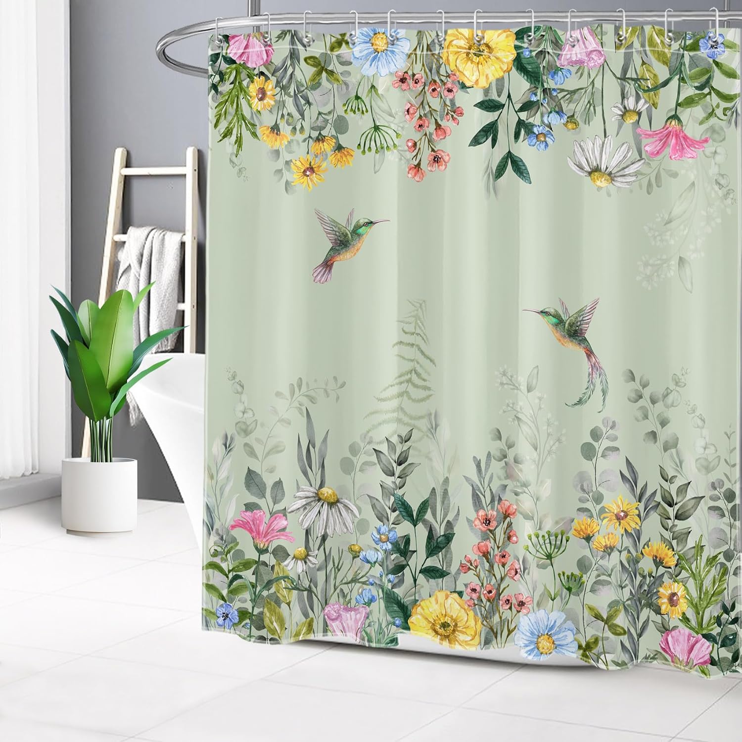 LB Watercolor Floral Shower Curtain Sets with Rugs Hummingbird and Colorful Flower with Eucalyptus Leaf on Sage Green Fabric Shower Curtain with