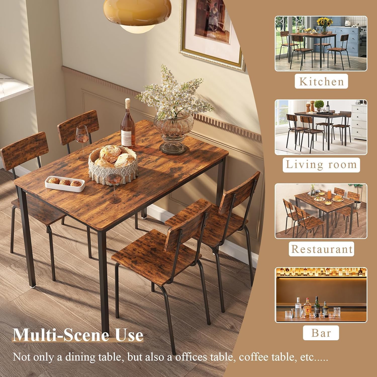 Juego de mesa de comedor de 4 sillas para 4-8, escritorio de cocina moderno que ahorra espacio, casa de campo de estilo industrial de madera, 43