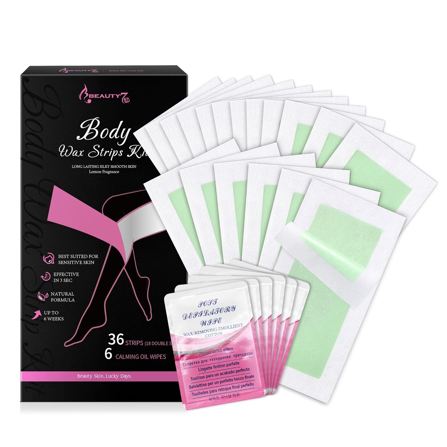 Beauty7 Tiras de cera para depilación, kit de tiras de cera corporal, brazos, piernas, cejas, axilas, bikini, 36 tiras, 6 toallitas de aceite