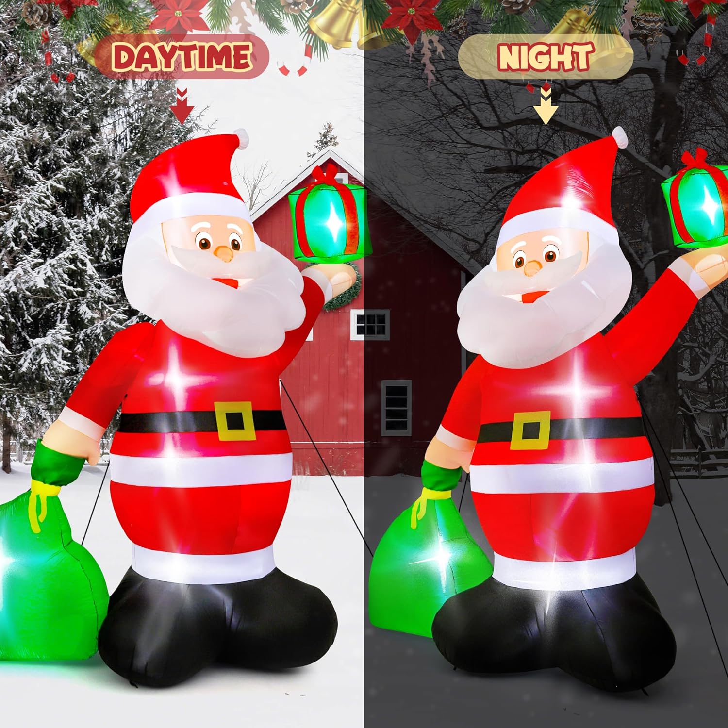 Inflables de Navidad de 14 pies, Papá Noel inflable gigante con bolsa de regalo, Papá Noel de Navidad inflable con 6 luces LED, decoraciones