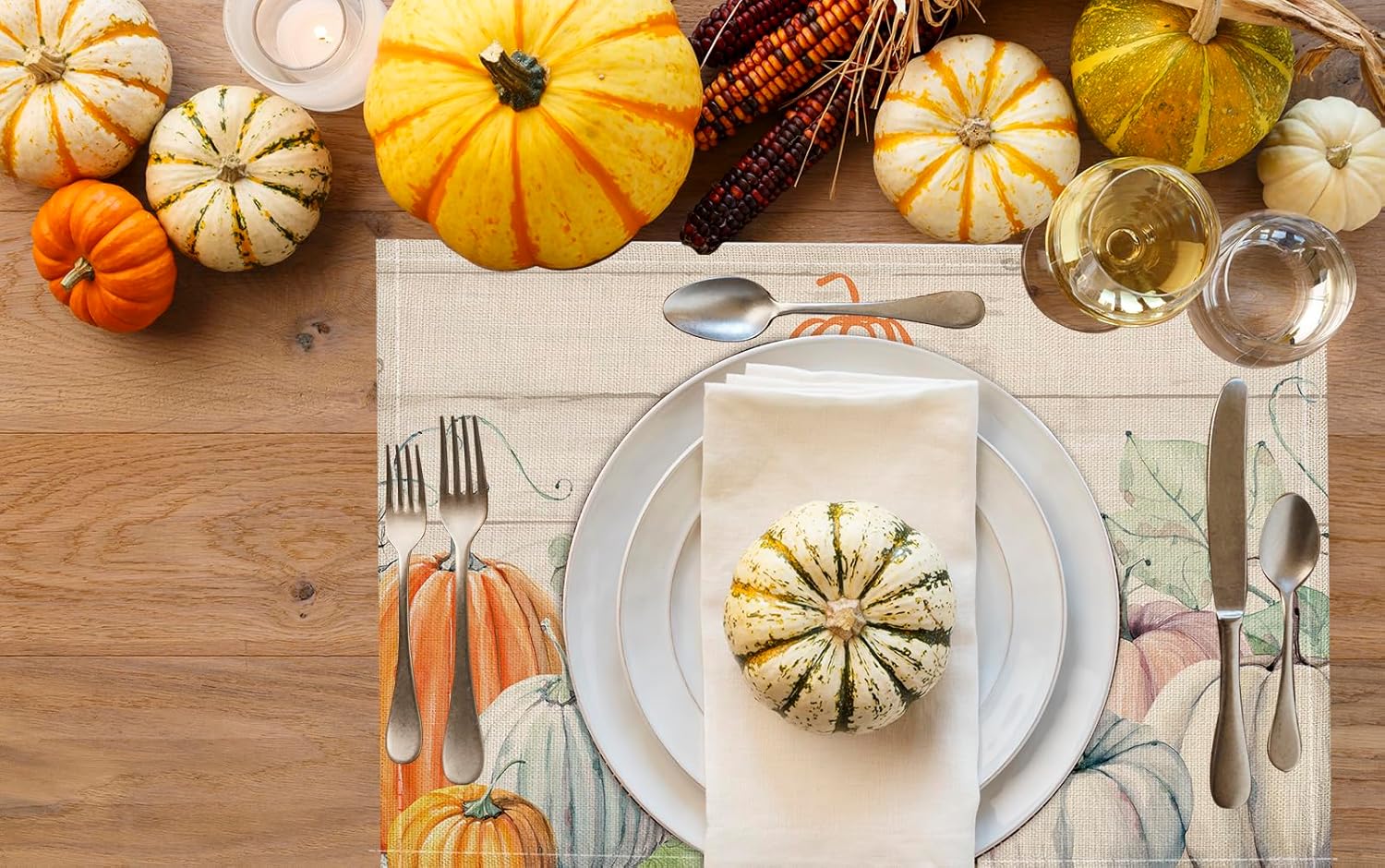 Juego de 4 manteles individuales de otoño, Hello Pumpkins, de 12 x 18 pulgadas, para decoración de fiestas, cocina, comedor