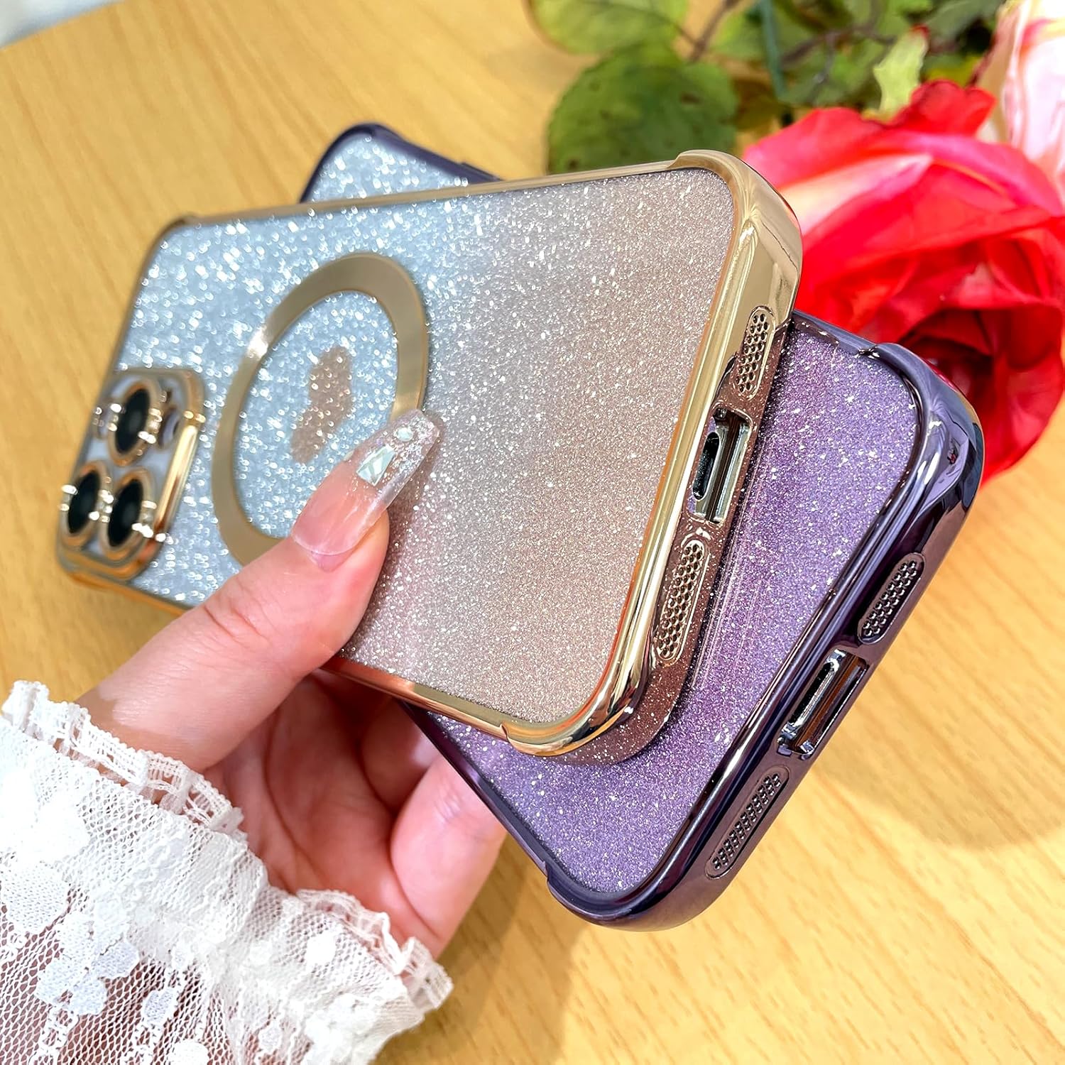 Bonoma Purpurina magnética para iPhone 15 Pro Max compatible con MagSafe , funda transparente de lujo con diseño de corazón de amor, protección de