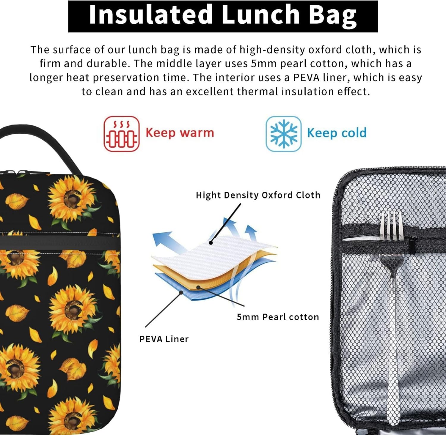 Lonchera con diseño floral de girasol negro, bolsa de almuerzo aislada con flores para mujeres y hombres, reutilizable, portátil, a prueba de fugas,