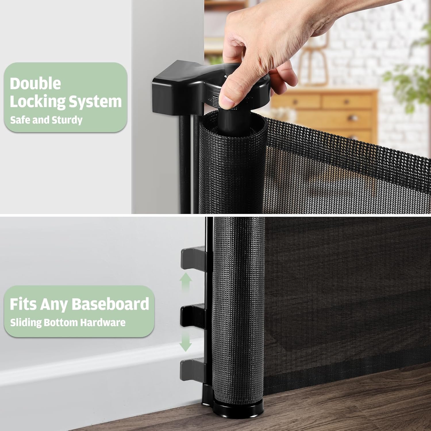 Puerta retráctil para bebé con puerta para gatos (55 pulgadas de ancho x 35 pulgadas de alto), puerta retráctil para perros con puerta para