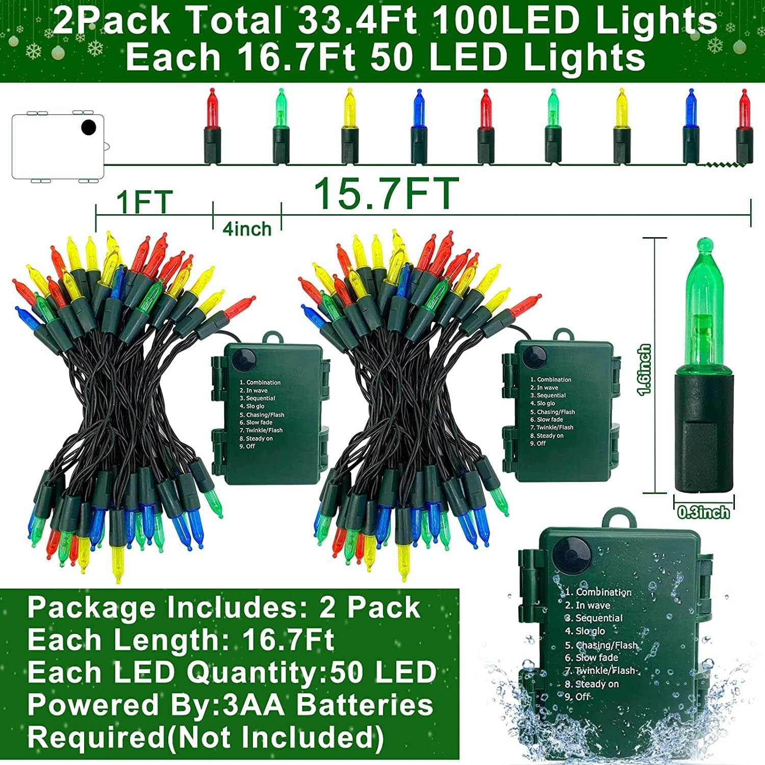 TURNMEON Paquete de 2 luces con temporizador y 8 modos miniluces de Navidad, total de 100 luces LED de 33 pies, funciona con pilas, impermeables,