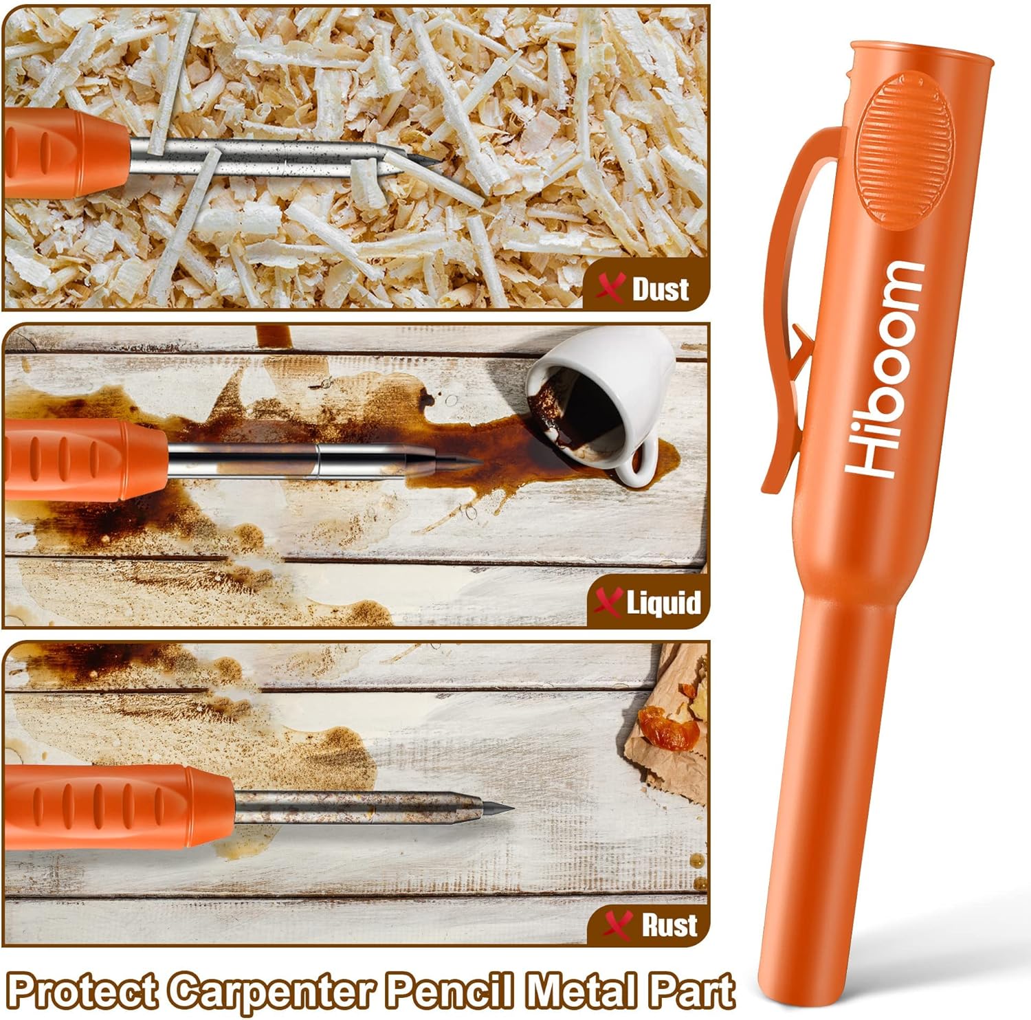 Hiboom Paquete de 2 lápices de carpintero sólidos con tapa y 18 repuestos, marcador mecánico de punta larga con agujero profundo, herramienta de