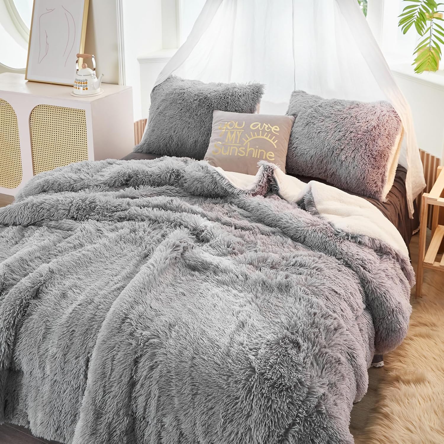 Juego de edredón de lujo de pelo sintético lanudo tamaño individual, edredón reversible de felpa y sherpa, color gris, juego de ropa de cama mullido