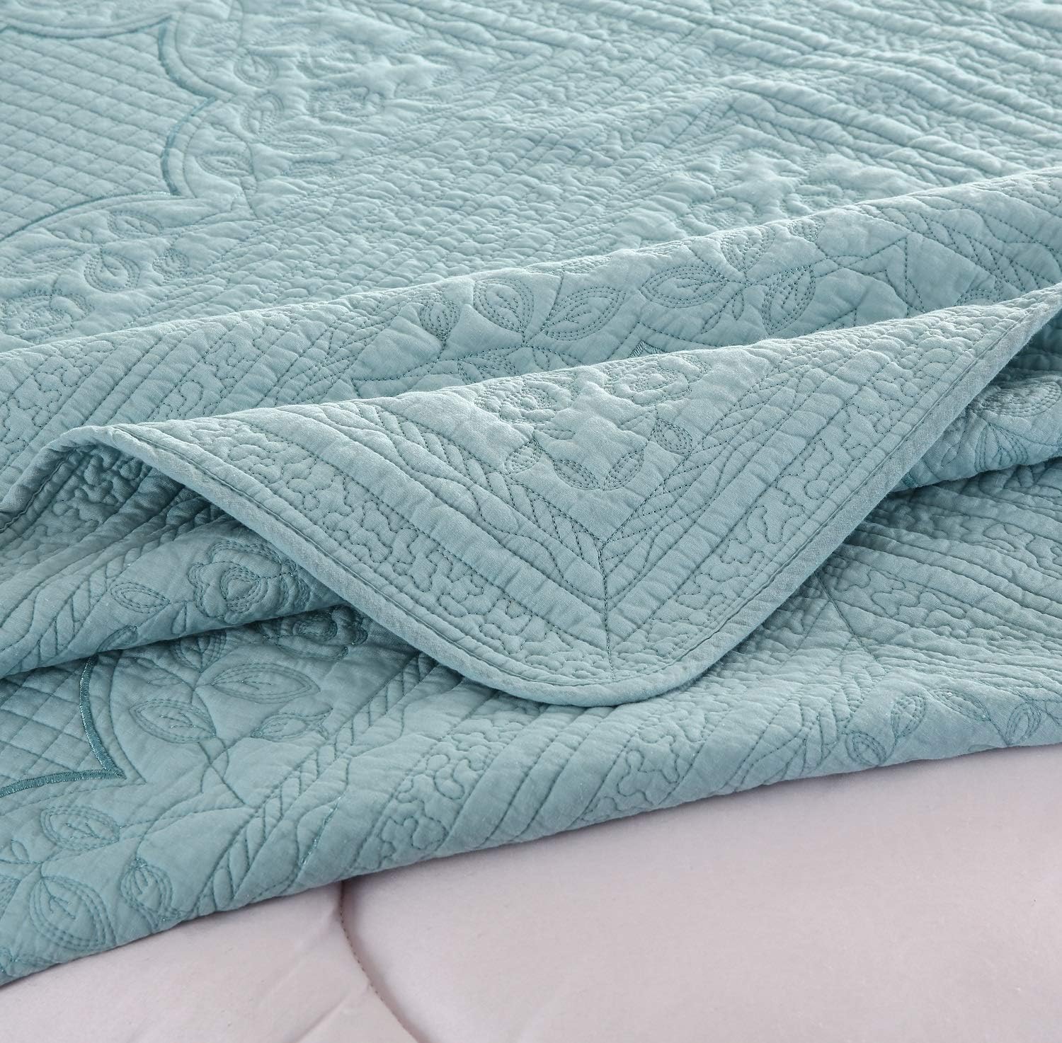 Brandream Juego de ropa de cama de lujo de granja 100% algodón, tamaño Queen, King, vintage, elegante, juego de colcha acolchada azul aguamarina (98